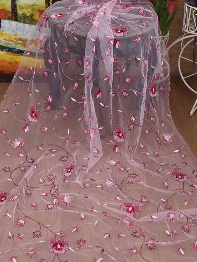Pink Embroidered Parsi Convent Work Net Bird And Flower Design Dupatta - Luxurion World