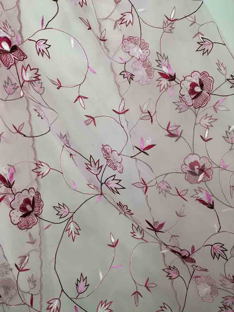 Pink Embroidered Parsi Convent Work Net Bird And Flower Design Dupatta - Luxurion World