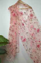 Pink Embroidered Parsi Convent Work Net Flower Design Dupatta - Luxurion World