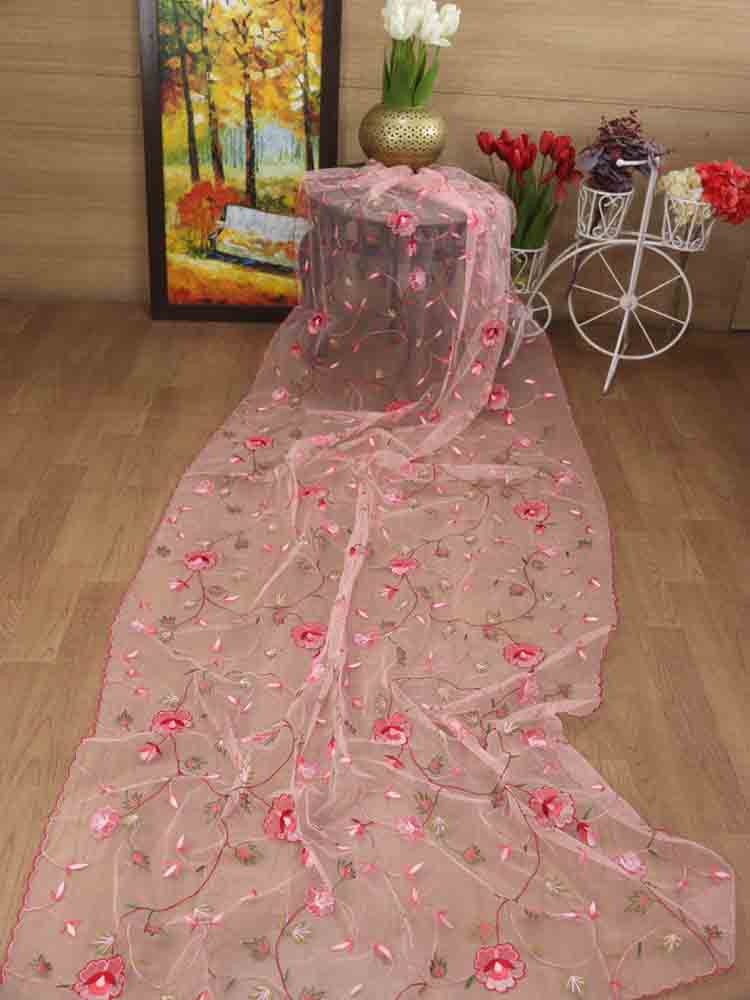 Pink Embroidered Parsi Convent Work Net Flower Design Dupatta - Luxurion World