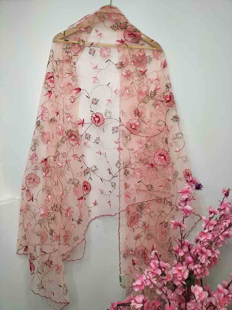 Pink Embroidered Parsi Convent Work Net Flower Design Dupatta