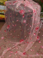 Pink Embroidered Parsi Convent Work Net Flower Design Dupatta - Luxurion World