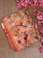 Orange Embroidered Parsi Convent Work Net Flower Design Dupatta - Luxurion World