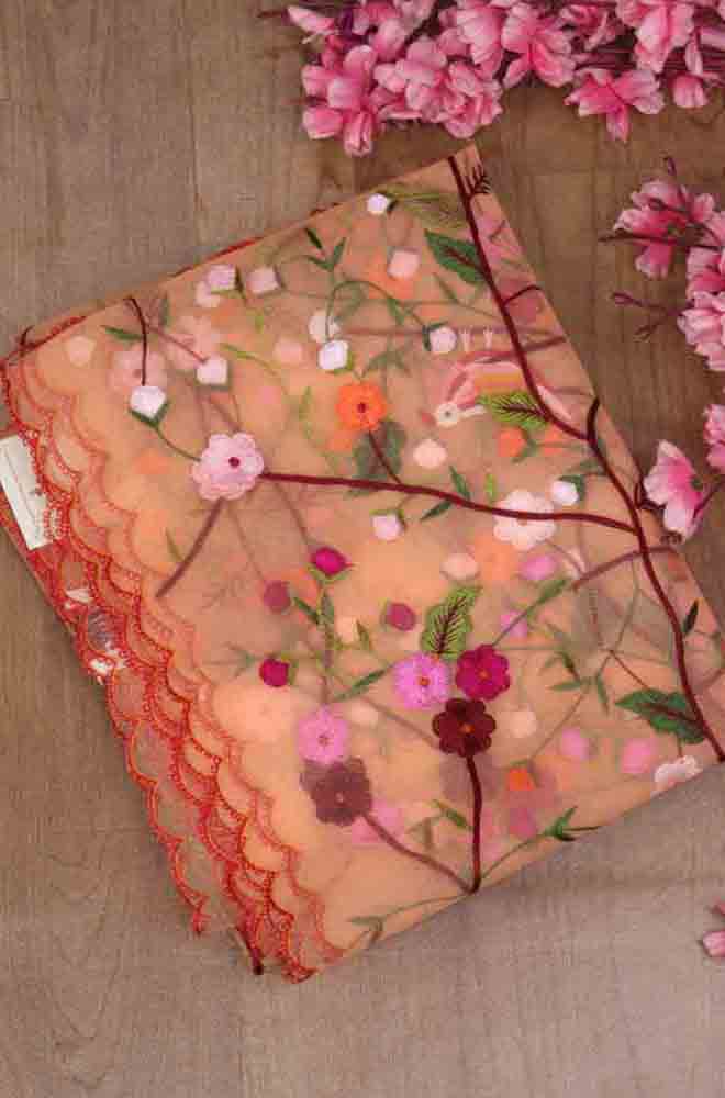 Orange Embroidered Parsi Convent Work Net Flower Design Dupatta - Luxurion World