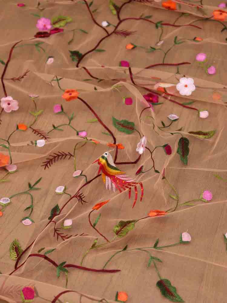 Orange Embroidered Parsi Convent Work Net Flower Design Dupatta - Luxurion World