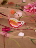 Orange Embroidered Parsi Convent Work Net Flower Design Dupatta - Luxurion World