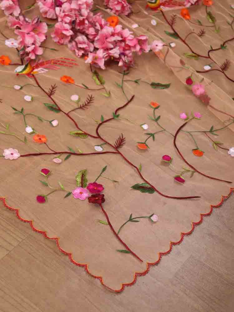 Orange Embroidered Parsi Convent Work Net Flower Design Dupatta