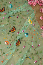 Blue Embroidered Parsi Convent Work Net Flower Design Dupatta - Luxurion World