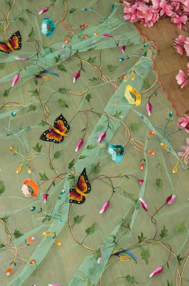 Blue Embroidered Parsi Convent Work Net Flower Design Dupatta - Luxurion World