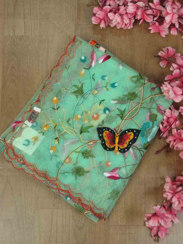 Blue Embroidered Parsi Convent Work Net Flower Design Dupatta - Luxurion World