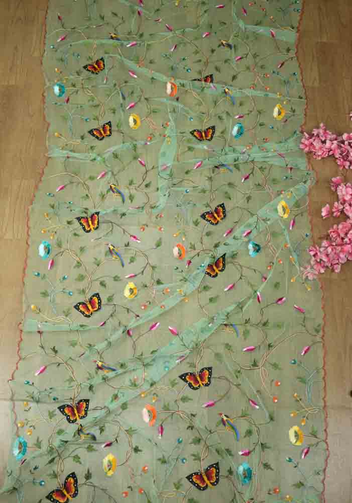 Blue Embroidered Parsi Convent Work Net Flower Design Dupatta - Luxurion World
