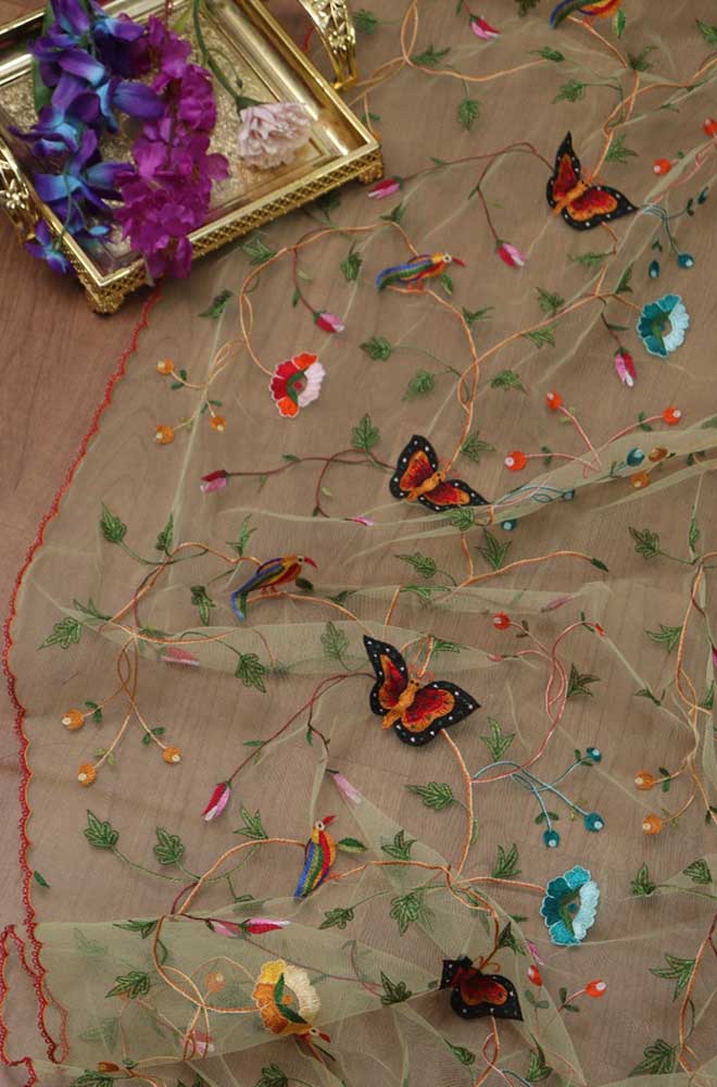 Blue Embroidered Parsi Convent Work Net Flower Design Dupatta