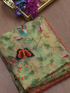 Blue Embroidered Parsi Convent Work Net Flower Design Dupatta - Luxurion World