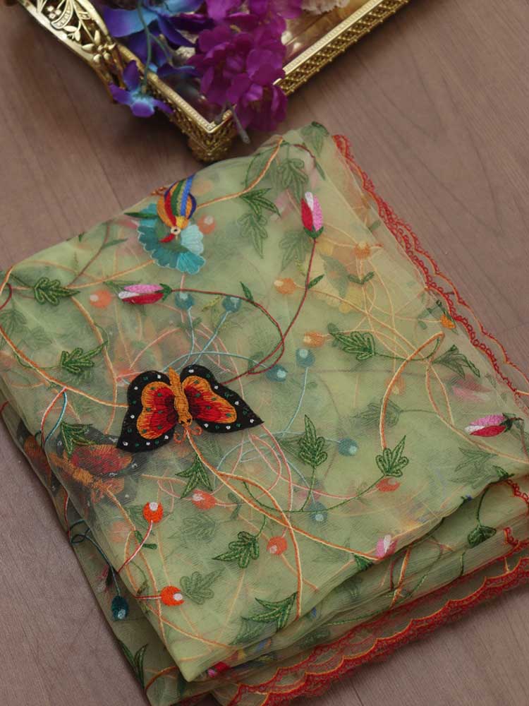 Blue Embroidered Parsi Convent Work Net Flower Design Dupatta - Luxurion World