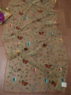 Blue Embroidered Parsi Convent Work Net Flower Design Dupatta - Luxurion World