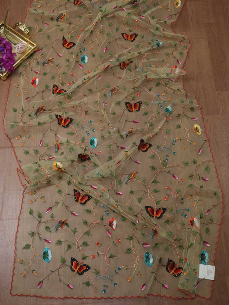 Blue Embroidered Parsi Convent Work Net Flower Design Dupatta - Luxurion World
