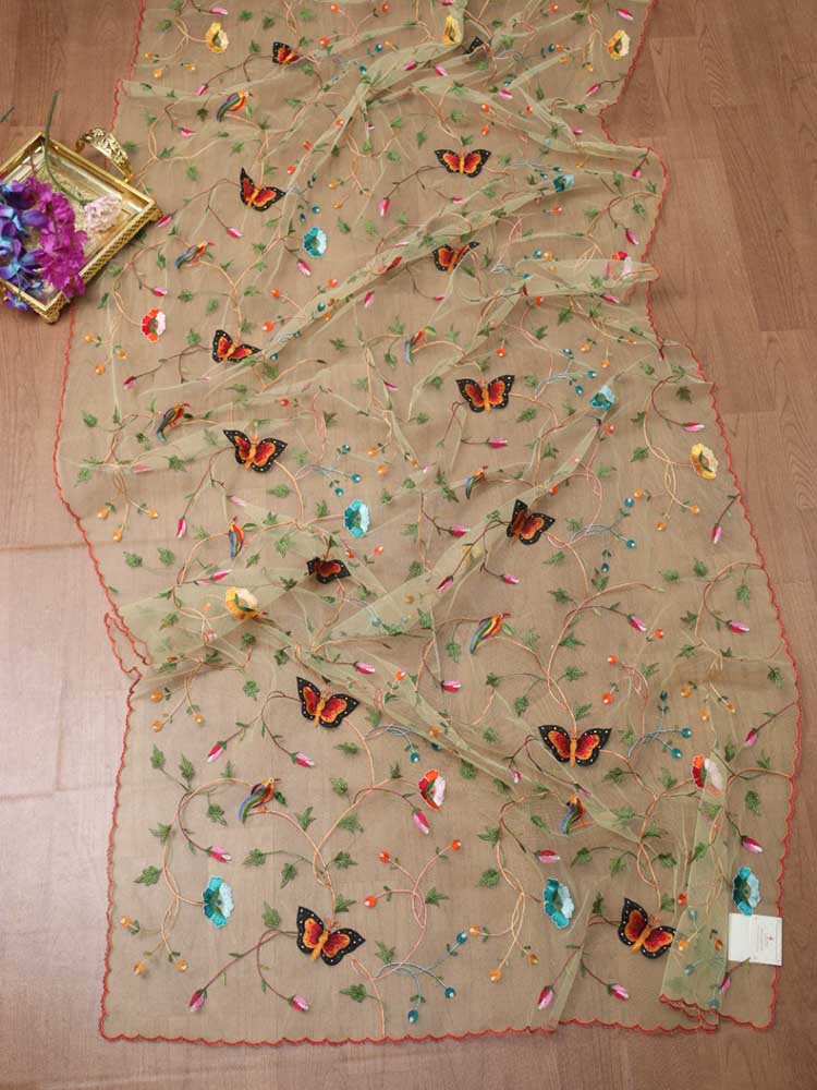 Blue Embroidered Parsi Convent Work Net Flower Design Dupatta - Luxurion World