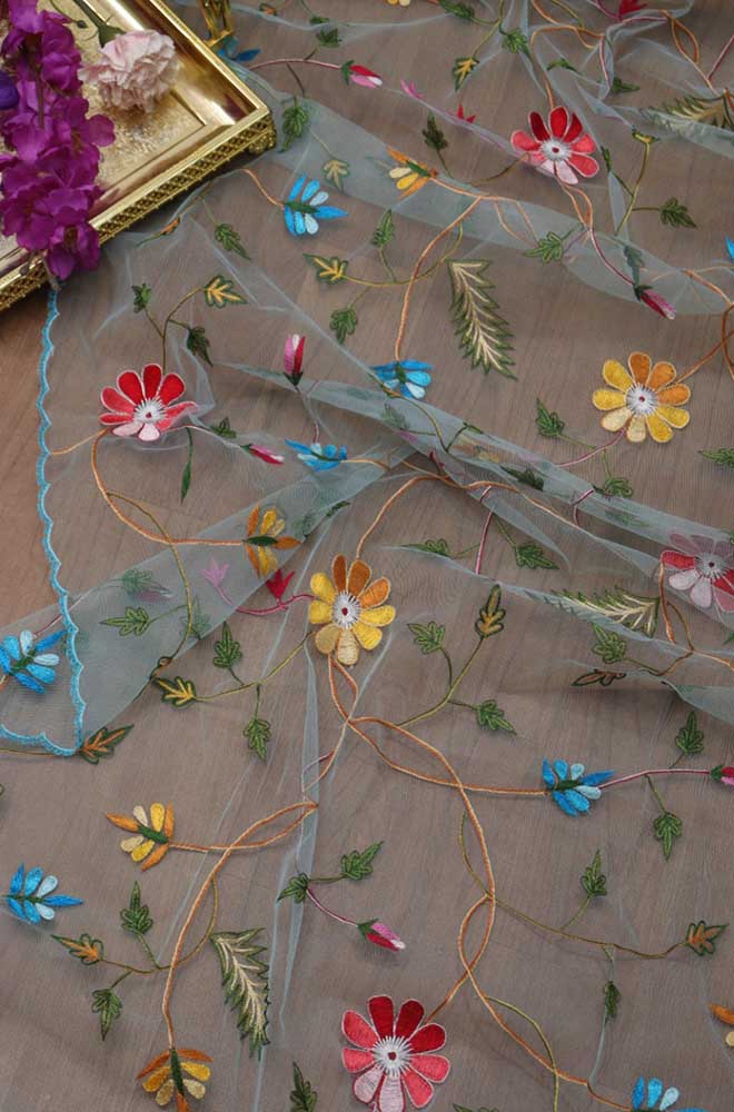 Blue Embroidered Parsi Convent Work Organza Flower Design Dupatta - Luxurion World