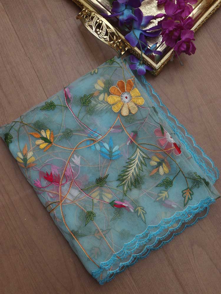 Blue Embroidered Parsi Convent Work Organza Flower Design Dupatta - Luxurion World