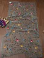 Blue Embroidered Parsi Convent Work Organza Flower Design Dupatta - Luxurion World