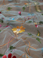 Blue Embroidered Parsi Convent Work Organza Flower Design Dupatta - Luxurion World