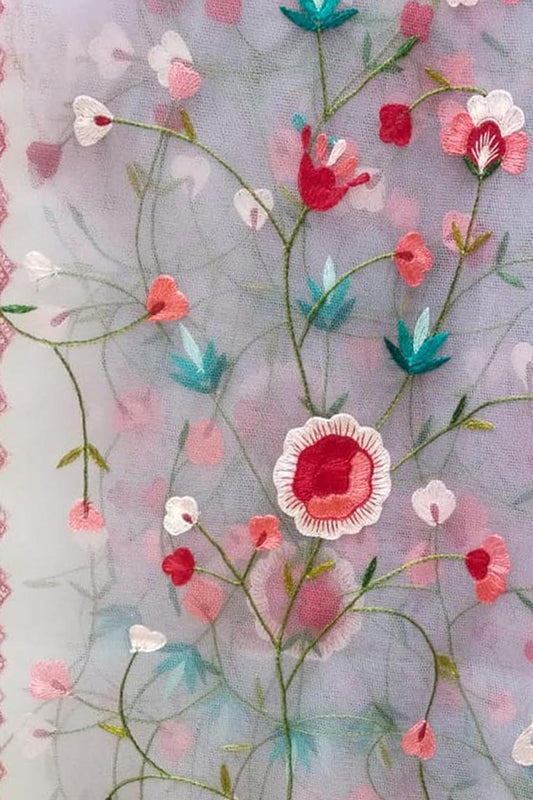 Pink Parsi Hand Embroidered Dupatta with Convent Work: A Stunning Accessory - Luxurion World