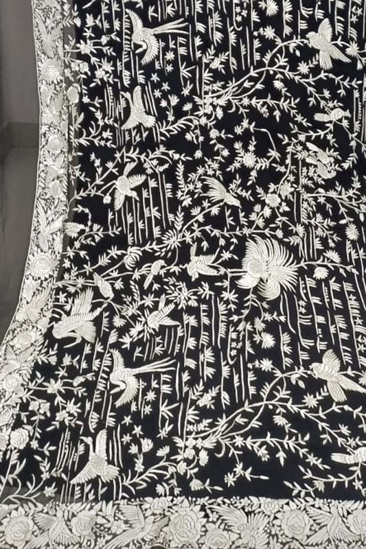 Exquisite Black Parsi Hand Embroidered Georgette Dupatta