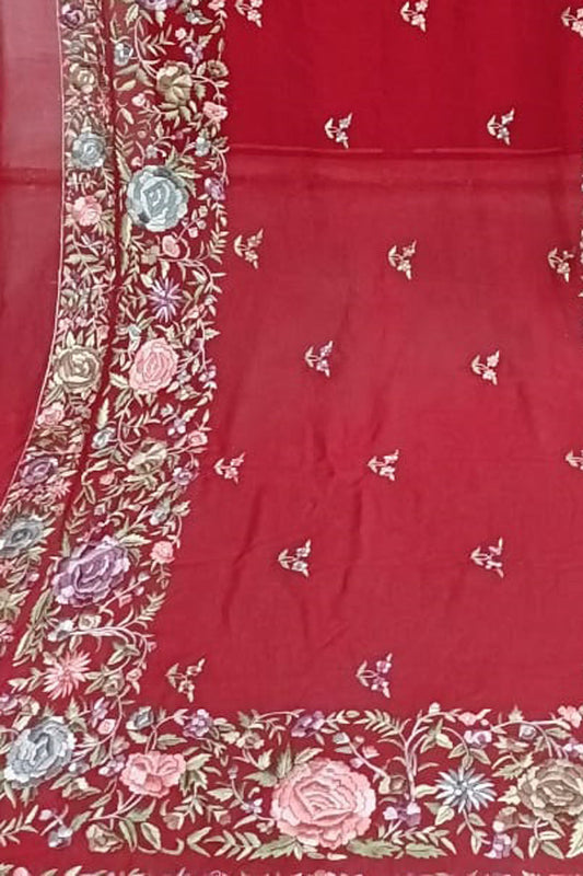 Exquisite Red Parsi Hand Embroidered Georgette Dupatta - Pure Elegance