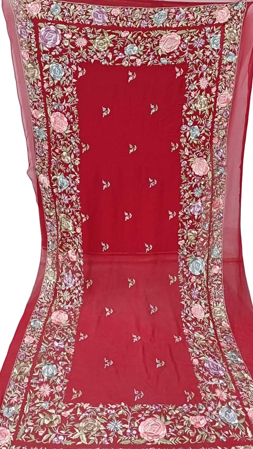 Exquisite Red Parsi Hand Embroidered Georgette Dupatta - Pure Elegance - Luxurion World