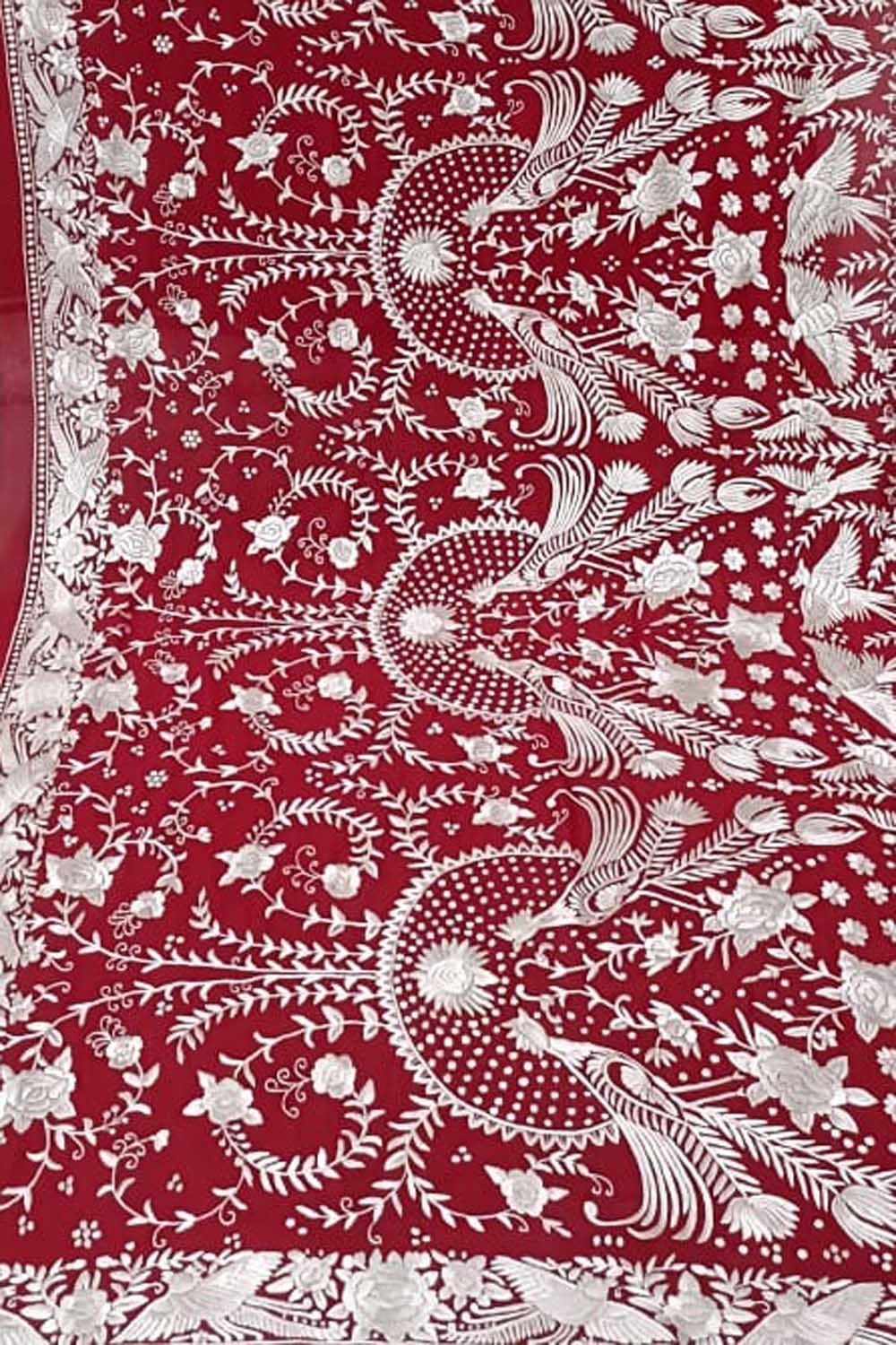 Red Parsi Hand Embroidered Pure Georgette Dupatta - Luxurion World