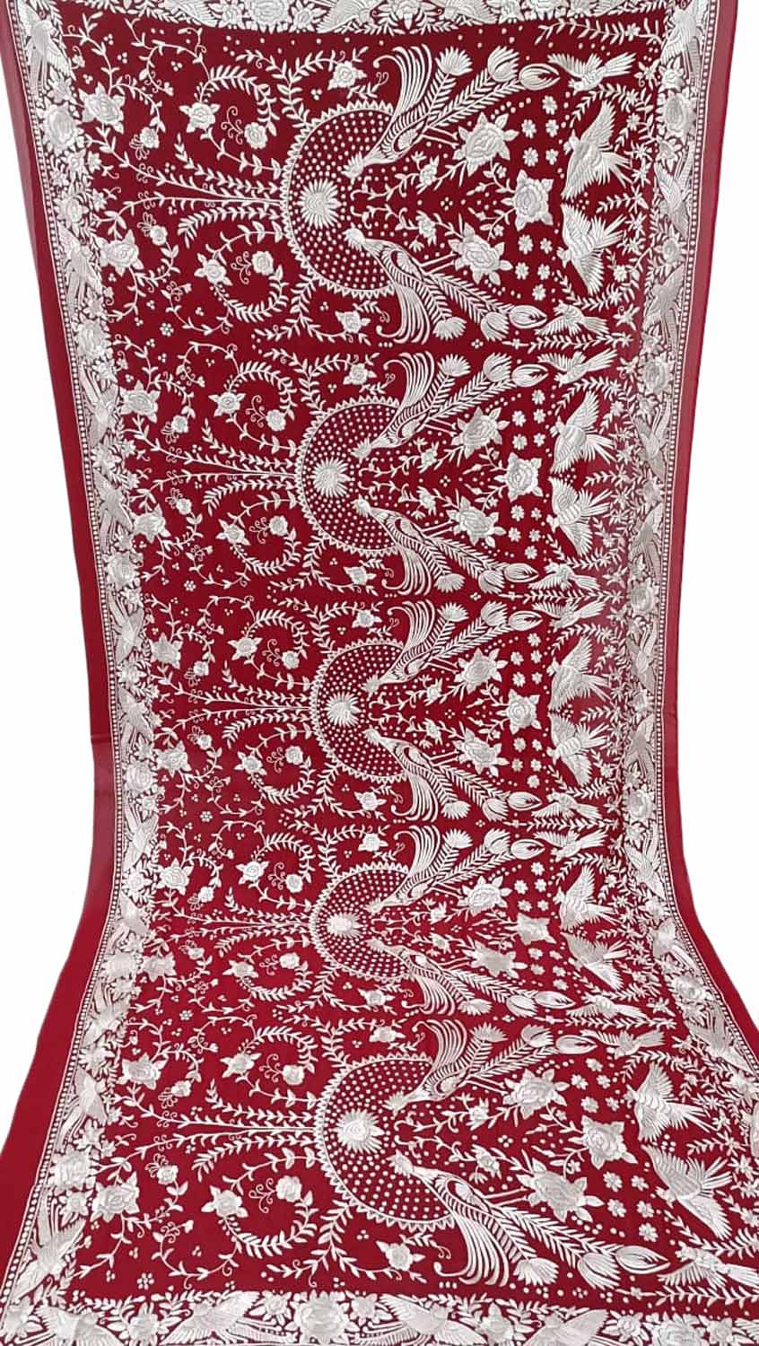 Red Parsi Hand Embroidered Pure Georgette Dupatta - Luxurion World