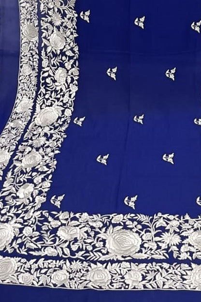Stunning Blue Parsi Georgette Dupatta with Hand Embroidery - Luxurion World
