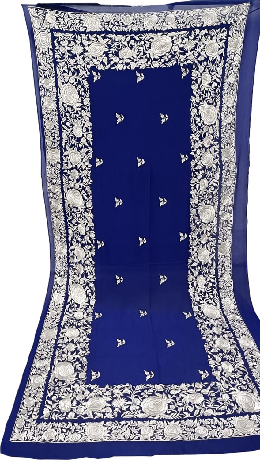 Stunning Blue Parsi Georgette Dupatta with Hand Embroidery