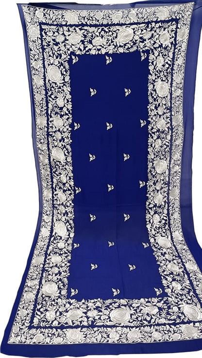 Stunning Blue Parsi Georgette Dupatta with Hand Embroidery