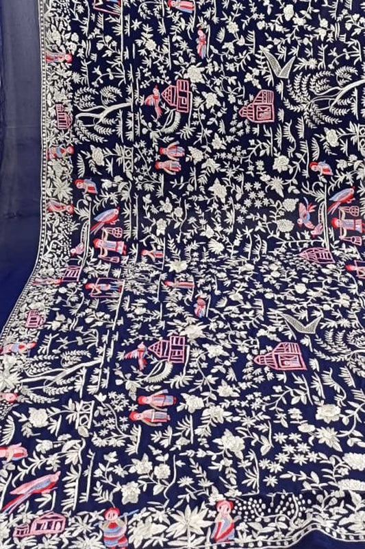 Exquisite Blue Parsi Georgette Dupatta with Hand Embroidery - Luxurion World