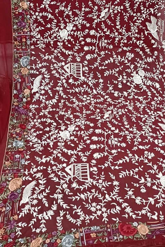Exquisite Red Parsi Hand Embroidered Georgette Dupatta - Pure Elegance - Luxurion World