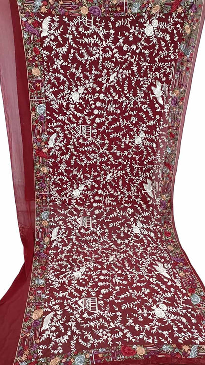 Exquisite Red Parsi Hand Embroidered Georgette Dupatta - Pure Elegance