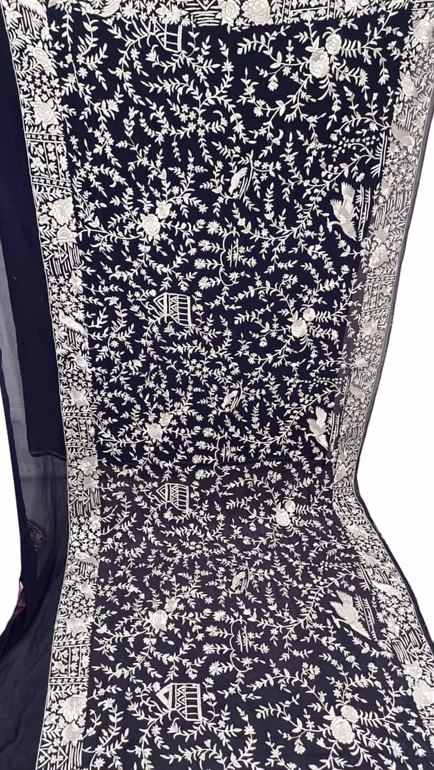 Exquisite Black Parsi Georgette Dupatta with Hand Embroidery - Luxurion World