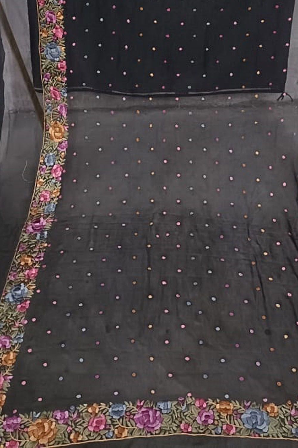 Exquisite Black Parsi Hand Embroidered Georgette Dupatta - Luxurion World