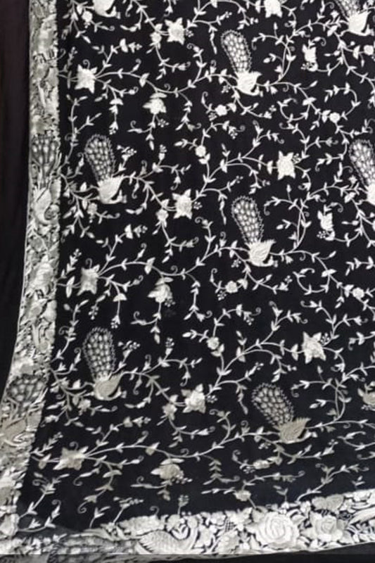 Exquisite Black Parsi Hand Embroidered Georgette Dupatta - Luxurion World