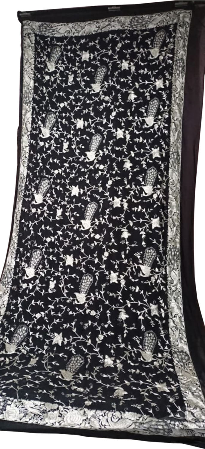 Exquisite Black Parsi Hand Embroidered Georgette Dupatta - Luxurion World