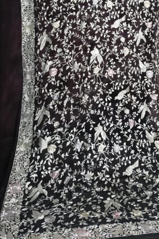 Exquisite Black Parsi Georgette Dupatta with Hand Embroidery - Luxurion World