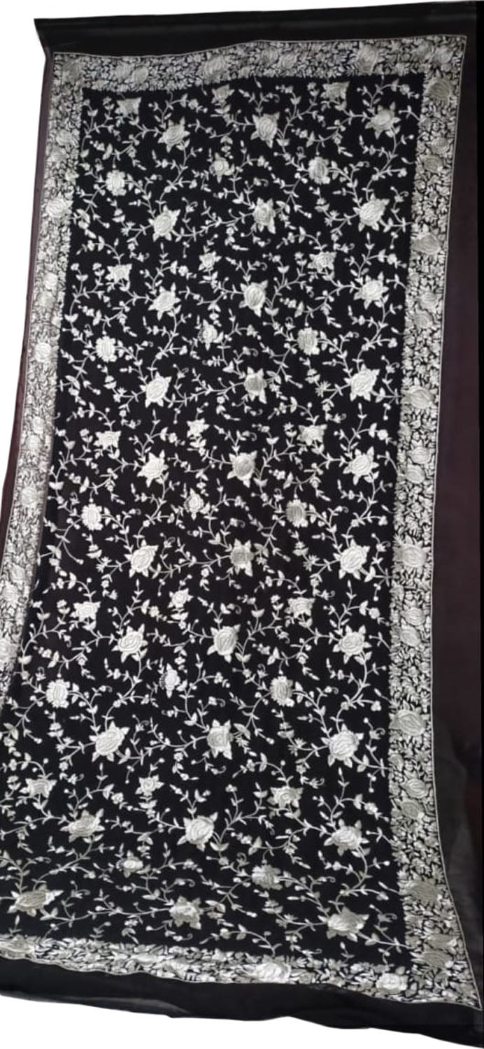 Exquisite Black Parsi Georgette Dupatta with Hand Embroidery - Luxurion World