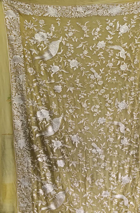 Yellow Hand Embroidered Parsi Pure Georgette Floral Design Dupatta