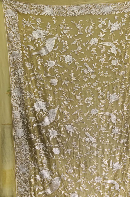 Yellow Hand Embroidered Parsi Pure Georgette Floral Design Dupatta - Luxurion World