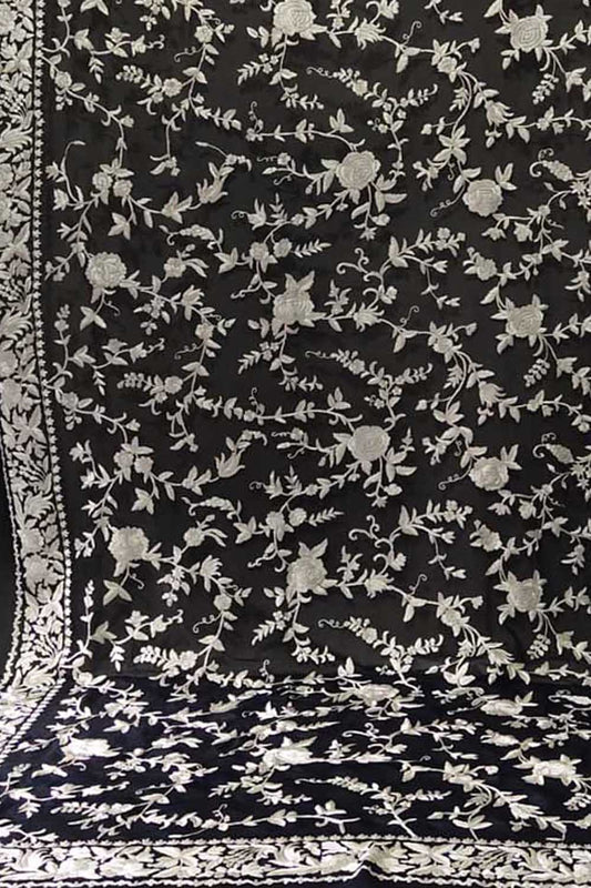 Black Parsi Hand Embroidered Pure Georgette Dupatta - Luxurion World