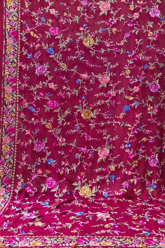 Pink Parsi Hand Embroidered Pure Georgette Dupatta - Luxurion World