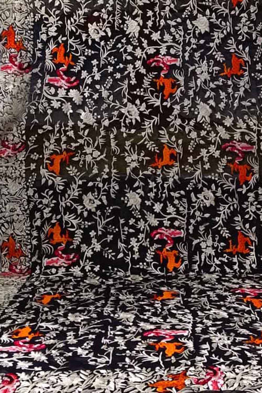 Black Parsi Hand Embroidered Pure Georgette Dupatta - Luxurion World