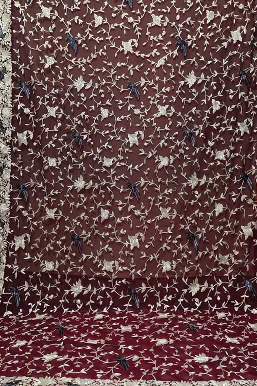 Maroon Parsi Hand Embroidered Pure Georgette Dupatta - Luxurion World