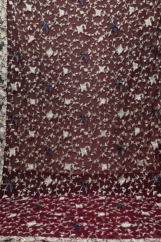 Maroon Parsi Hand Embroidered Pure Georgette Dupatta - Luxurion World
